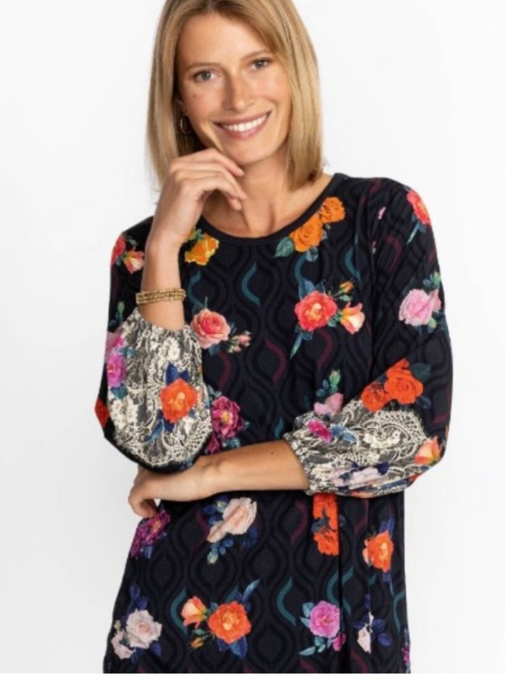 Johnny Was XL Rose Lace Floral Long-Sleeve Top